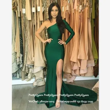 

Green One Long Sleeves Evening Dress Formal Side Split Chapel Train Mermaid Prom Dresses For Women Robe De Soiree
