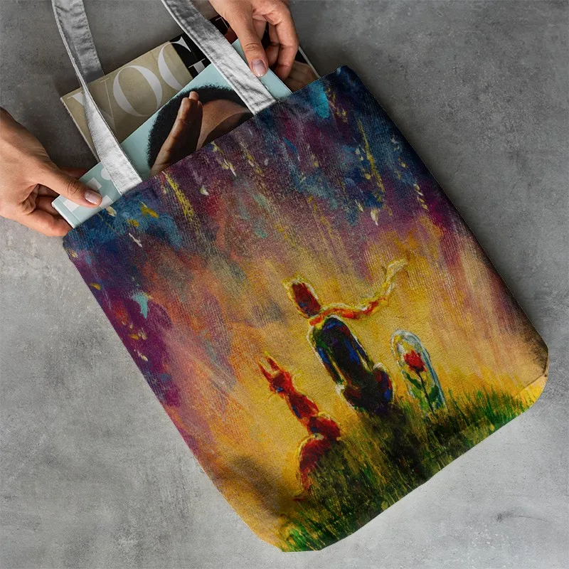 Little Prince Printed Shopping Bag For Unisex Fashion Casual Canvas Shoulder Bag Women Harajuku Simple Eco Reusable Handbags