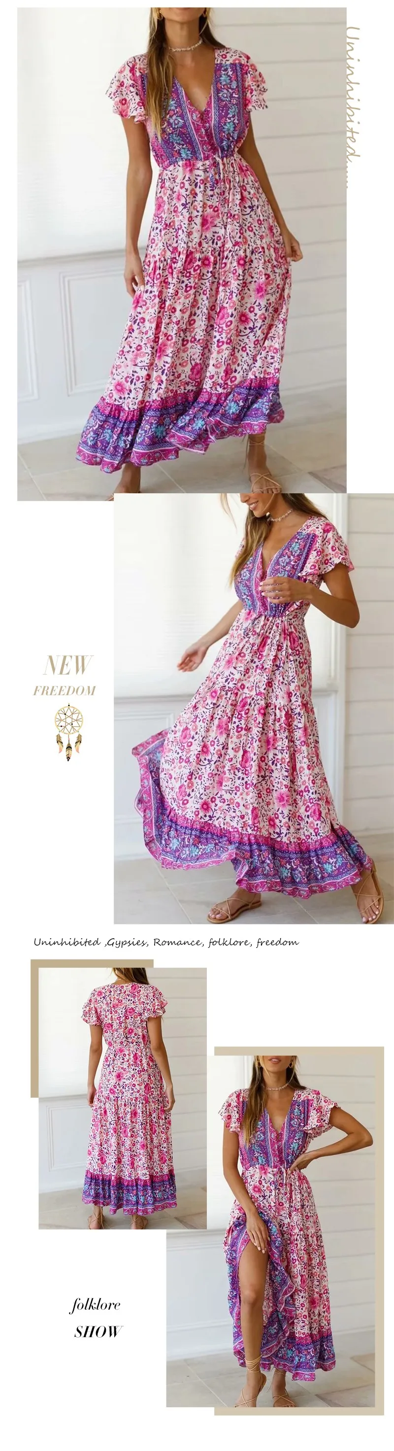 Everkaki длинное платье Для женщин Цветочный принт Boho Vestidos регулируемый пояс Gypsy Женская Винтаж Макси платья Женский Новинка осени