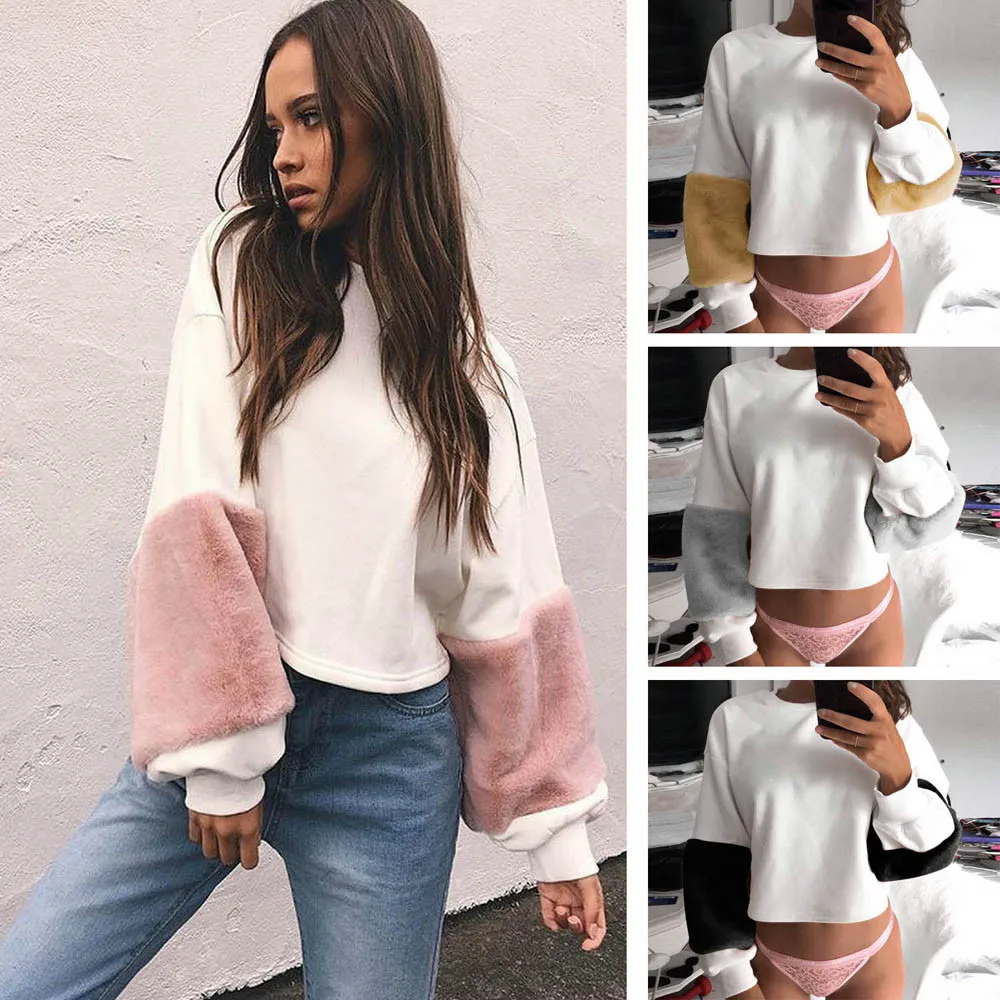 

Women Hoodies Sweatshirt Color Block Patchwork Cashmere Hoodies Lantern Sleeve Pullovers Tops Sweatshirts Plush Tracksuit #38