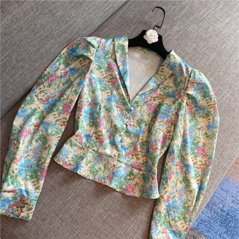 

2020 Spring New Vintage Floral Printed Satin Shirts Lady Retro Long-sleeved Short Tops Women's Elegant Blouses