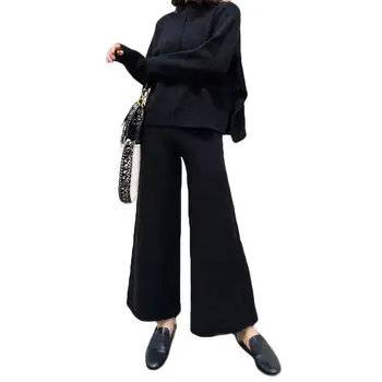 

2Pcs Autumn Winter Women Solid Color Tracksuit Knitted Sweater Wide Leg Pants