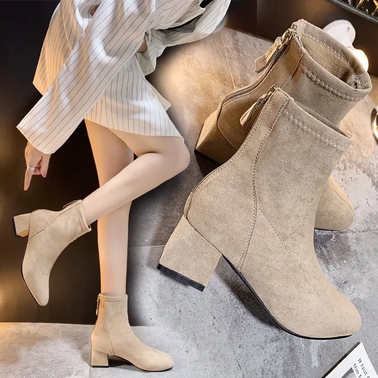 

Square Head Chunky-Heel Short Boots Women's 2019 New Style Korean-style Versatile High Heel Shoes Women's Autumn & Winter Retro