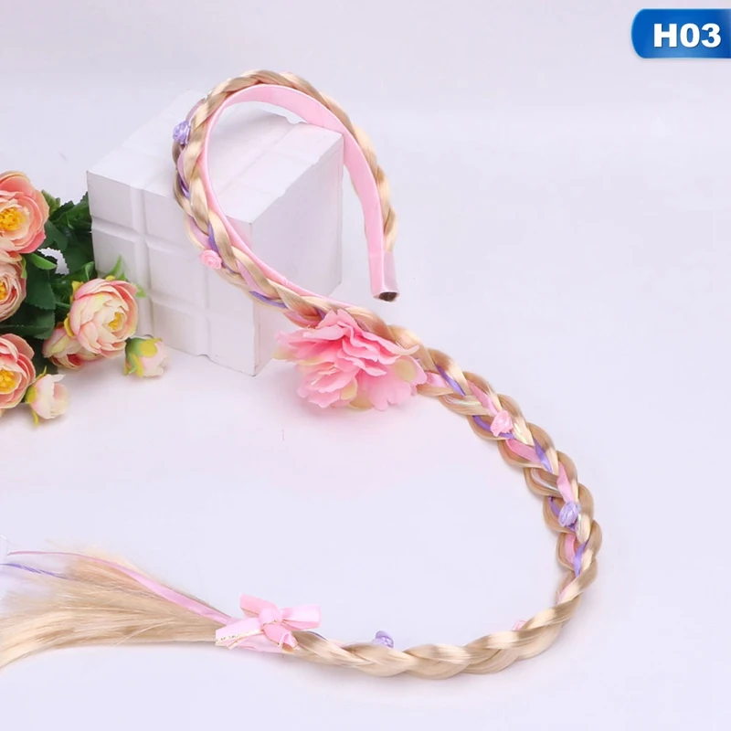 Children Hair Band Kids Girls Princess Dress Up Braided Long Wigs Hairpiece With Flower For Cosplay Costume Girl Headwear