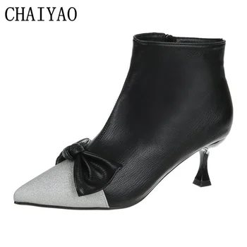 

Women Short boots Autumn Winter New Butterfly-knot Pointed Toe Thin Heels Women shoes Fashion PU Leather Add velvet Women Boots