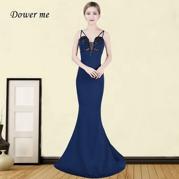 

Mermaid Evening Dresses GDX365Spaghetti Strap Hollow Out Special Occasion Dress Elegant V-neck Long Navy Blue Robe De Soiree