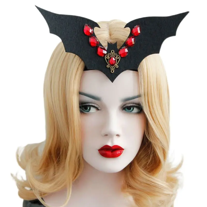 

Women Girls Vampire Bat Head Band Red Resin Diamond Elastic Hair Hoop Decoration