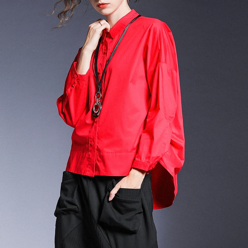[EAM] Женская длинная Повседневная блуза с отворотом и длинным рукавом, модная Свободная рубашка, подходит ко всему, весна-осень 1A035