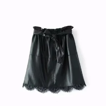 

Women Solid PU Faux Leather Skirts 2020 Spring Black Color Mini Streetwear Female Skirts sexy casual Lace A-Line Empire