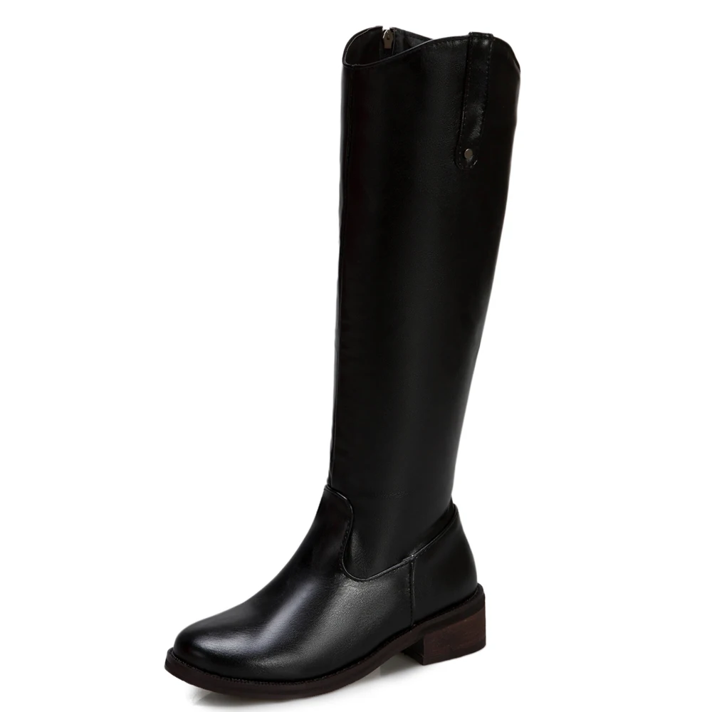 

PU Low-Heel Round-Toe Side Zipper Knight Boots Brown Short Plush Autumn And Winter Warm Knee-Length Boots With Microfiber
