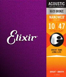 Elixir Оригинал 11002 акустическая 80/20 бронза с покрытием NANOWEB дополнительный свет 10-47