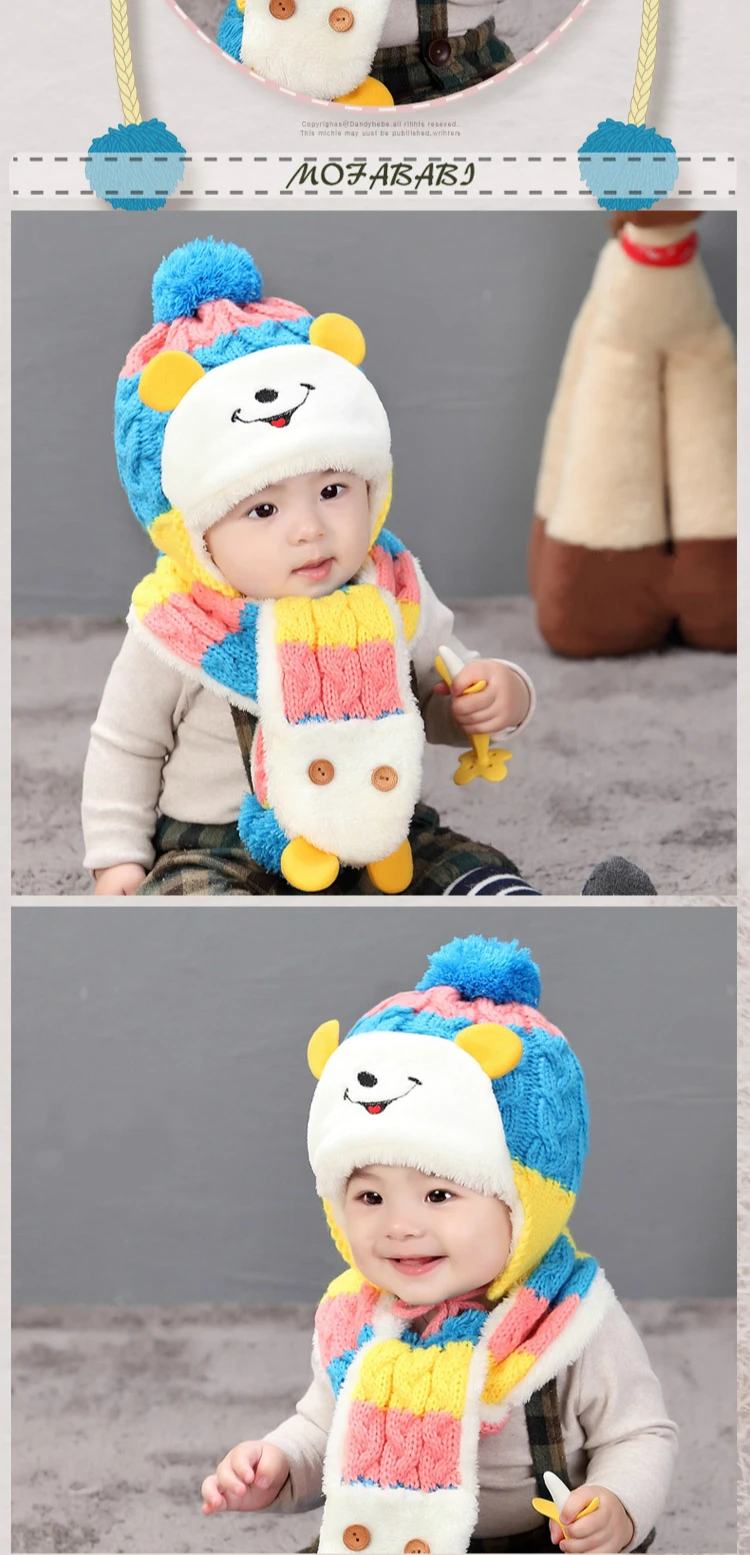 Зимние Детские шапки для мальчиков и девочек от 1-3 лет, шапка со смайликом и мишкой, шарф, набор с вышивкой тигра, акриловая детская шапка и шарф