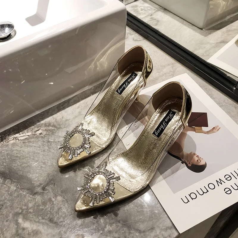LTARTA Spring-Summer New Glass Glue Sunflower Rhinestone Buckle Transparent High-Heel Shoes Women Sexy Pumps JXQ