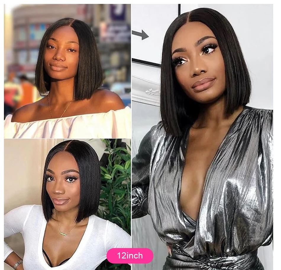 Fechamento do Laço do Cabelo Perucas para as Mulheres Peruca do Laço Haever Cabelo Liso Curto Bob Peruca Fechamento Rendas Peruano Humano Pré Arrancadas 4x4 1 Peruca 'lace front'