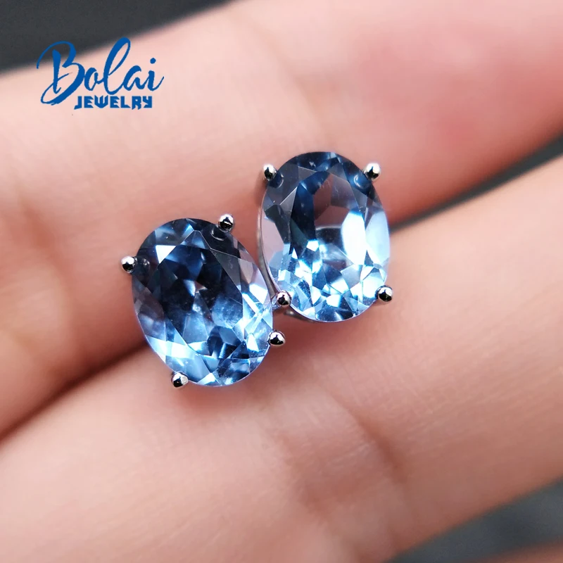 Bolaijewelry, нано серьги с голубым топазом созданный драгоценный Камень Овальный 6*8 мм с стерлингового серебра 925 ювелирные украшения для девочек повседневная одежда