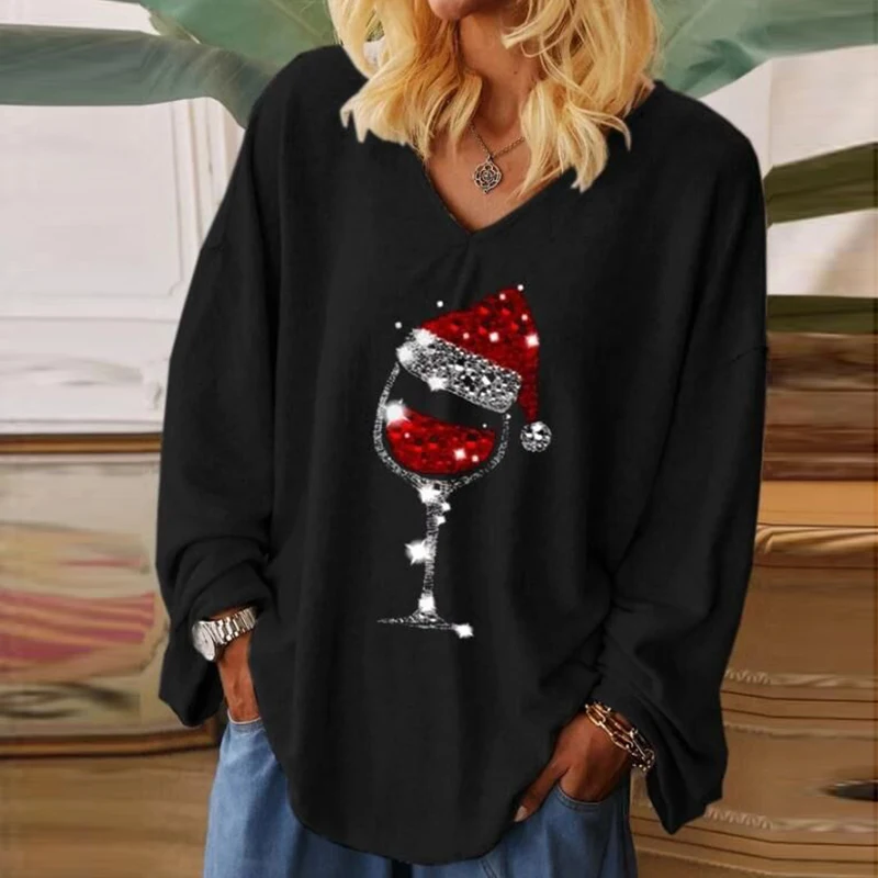 女性エレガントなクリスマスワイングラスtシャツ2020秋ヴィンテージvネックプルオーバー女性5XLカジュアル長袖blusaトップス