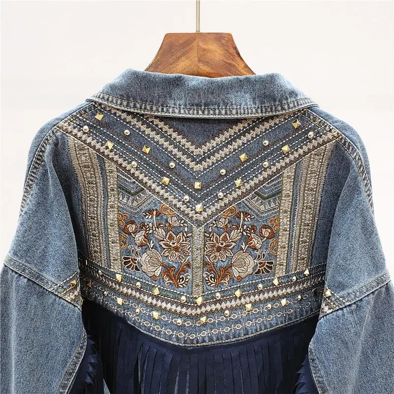 discounted  Denim women jacket new spring vintage floral Embroidery Suede fringe loose coat long sleeve Outerwe