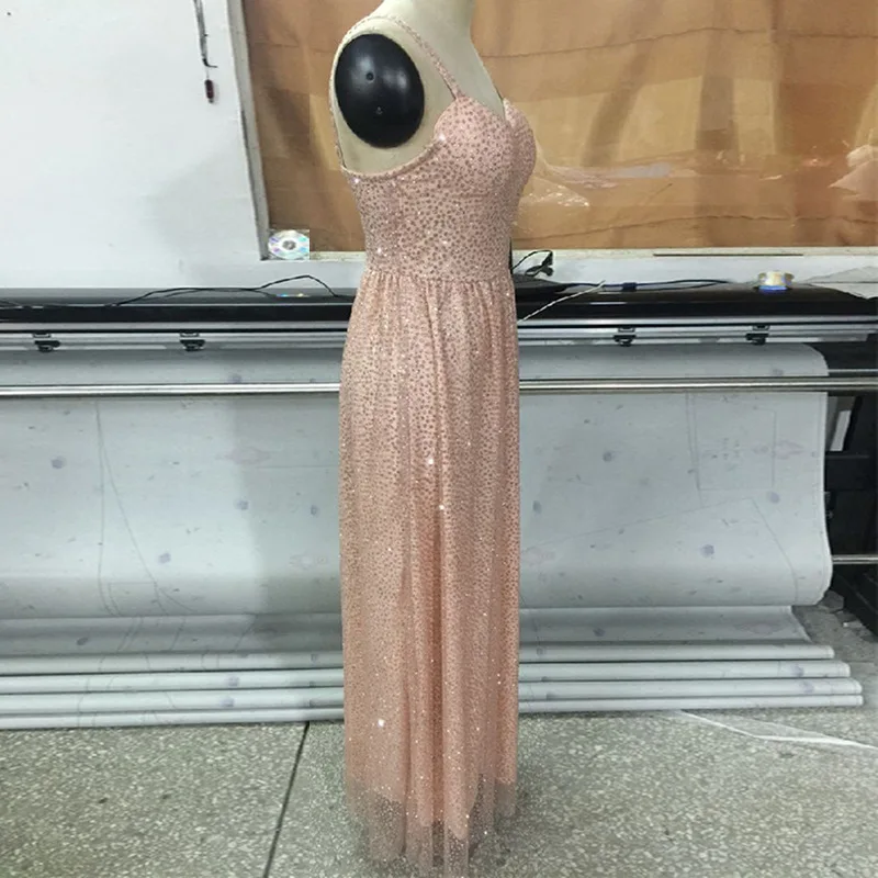 Elegant Champagne Sequined Long Party Dress Summer Fall Sexy Backless Glitter Maxi Dress V Neck Solid Strap Club Gold Dress