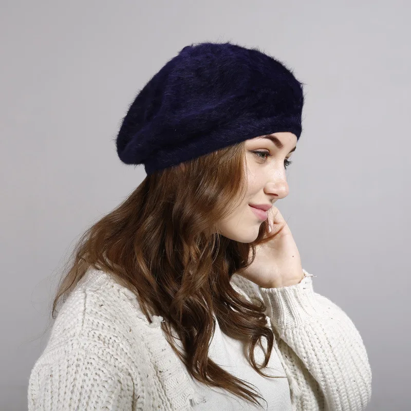 Женский берет модная шляпа для зимы женские шапки из кроличьей шерсти теплый женский однотонный шапочки для девочек Boinas De Mujer - Цвет: 6