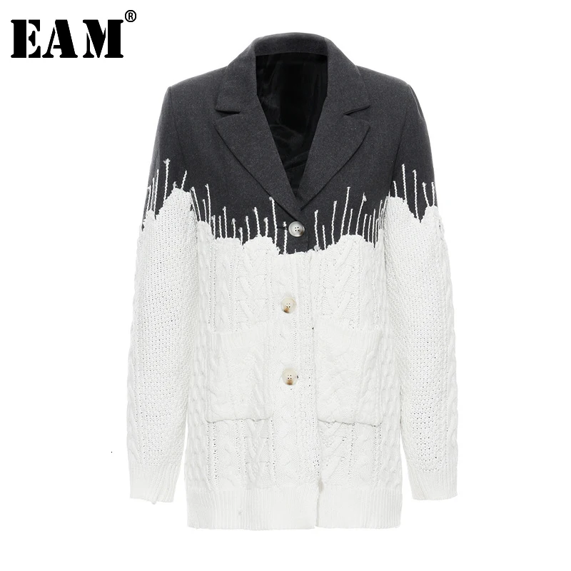 [EAM] свободное вязаное шерстяное пальто контрастных цветов с разрезом, парки, новинка, длинный рукав, женская мода, Осень-зима JZ248