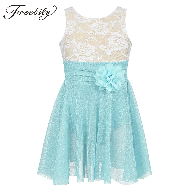 

Kids Girls Sleeveless Floral Lace Figure Ice Skating Tutu Ballet Dress Children V-shaped Back Gymnastics Leotard Stage Lyrical Dance Costumes
