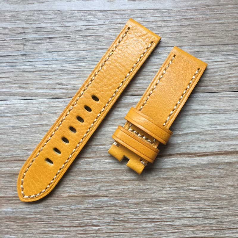 Without buckle Высокое качество 24 мм 22 мм итальянский желтый режущий край натуральная кожа ремешок для часов браслет для PAM Panerai 44 мм 42 мм циферблат ремешок для часов - Цвет ремешка: Without buckle