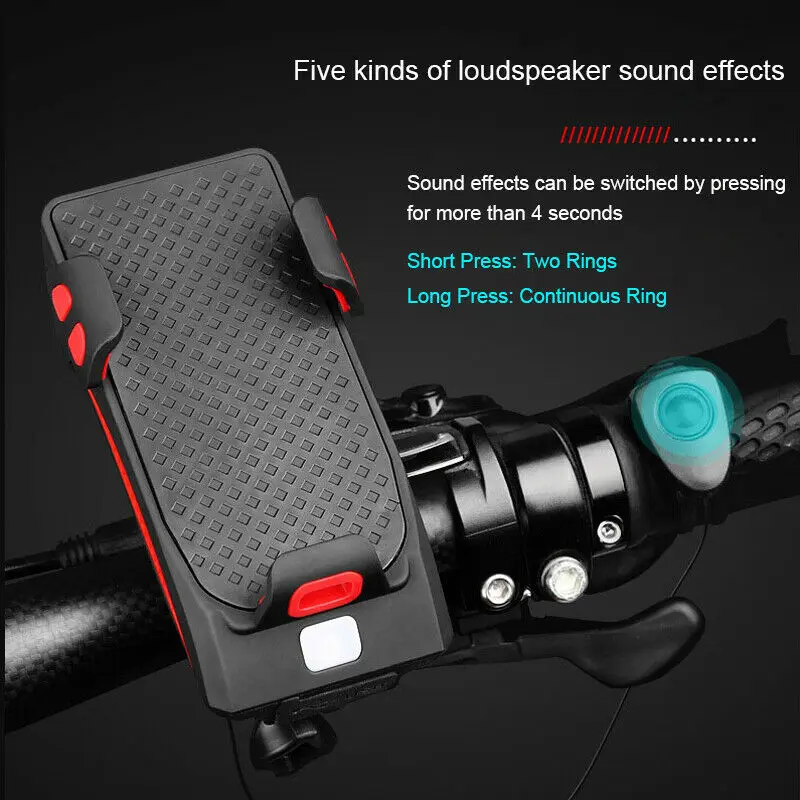  4in1 Bike bicycle Phone Holders & Stands LED Headlight Horn Bell Phone Bracket Holder USB Rechargea