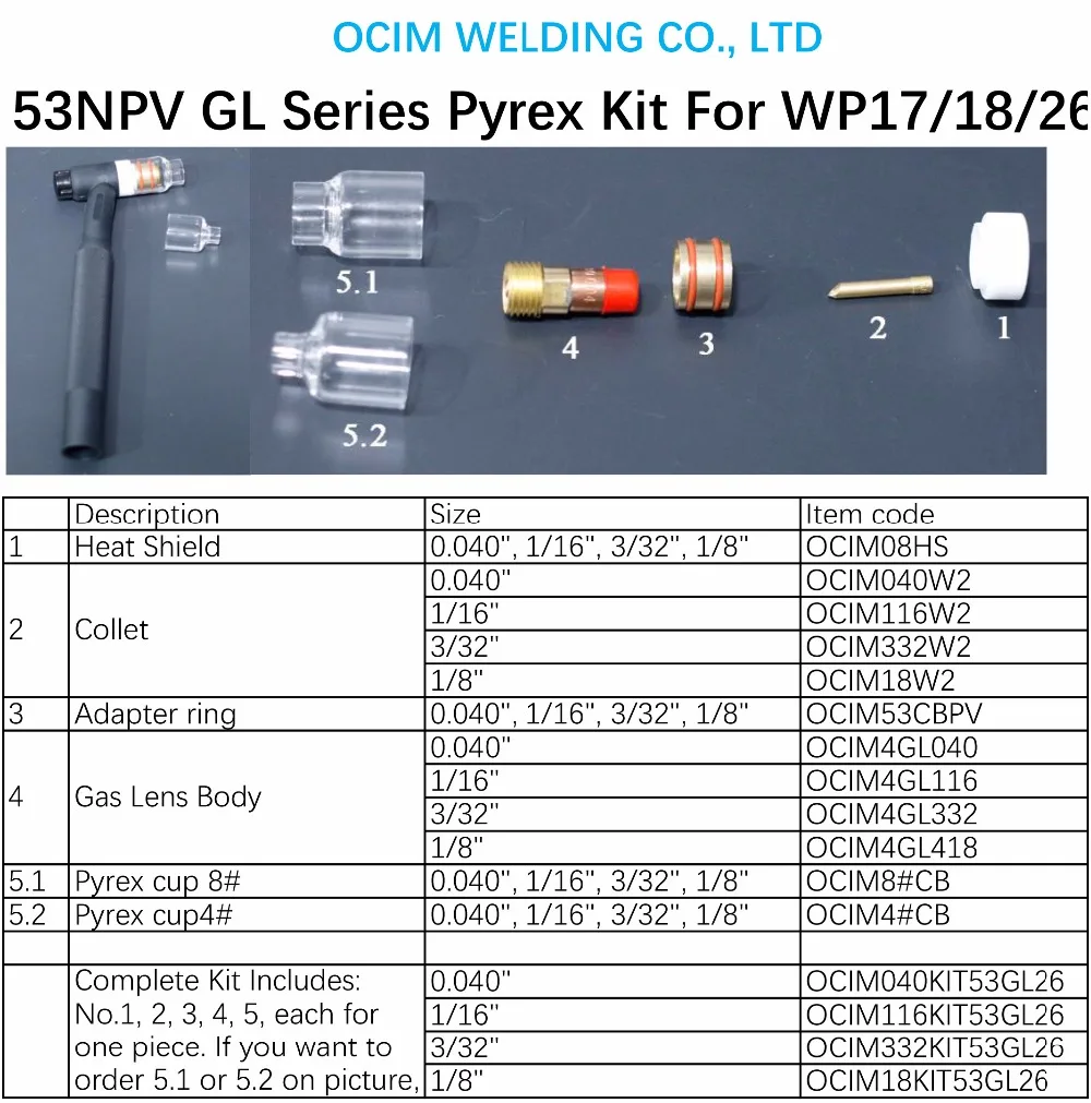 Комплект стеклянных чашек Pyrex+ сварочный фонарь WP17 TIG