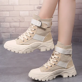 

Nice New Autumn Women Lace Up Buckle Ankle Boots Fashion Canvas Winter Military Boots Outdoor Motorcycle Boots For Botas Mujer