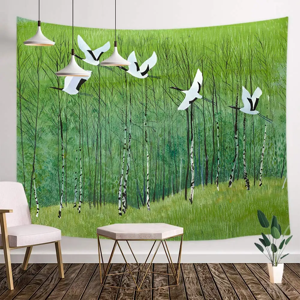 

Japanese Watercolor Forest Green Trees and Flying Birds Japan Ink Painting Wall Tapestry