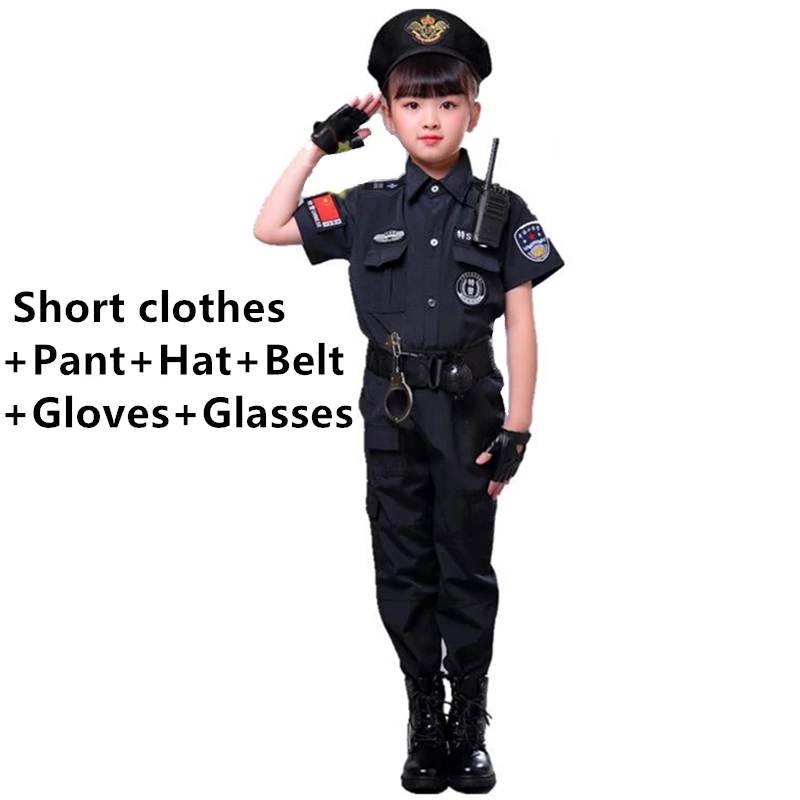 Специальная одежда для мальчиков, полицейская форма, детский подарок на день рождения, костюм для костюмированной вечеринки на Хэллоуин, Детский костюм SWAT, армейский костюм - Цвет: Short set soft hat