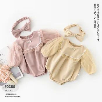 

Girl Bodysuit 2020 Autumn New Baby Girl Long-sleeved Princess Net Gauze Puffy Sleeve Bodysuit with Hair Band Newborn Clothes