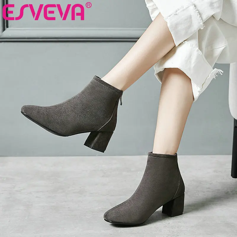 

ESVEVA 2020 Flock Round Toe Fashion Platform Ankle Boots Autumn Winter Zipper Square High Heel Casual Women Shoes Size 34-43