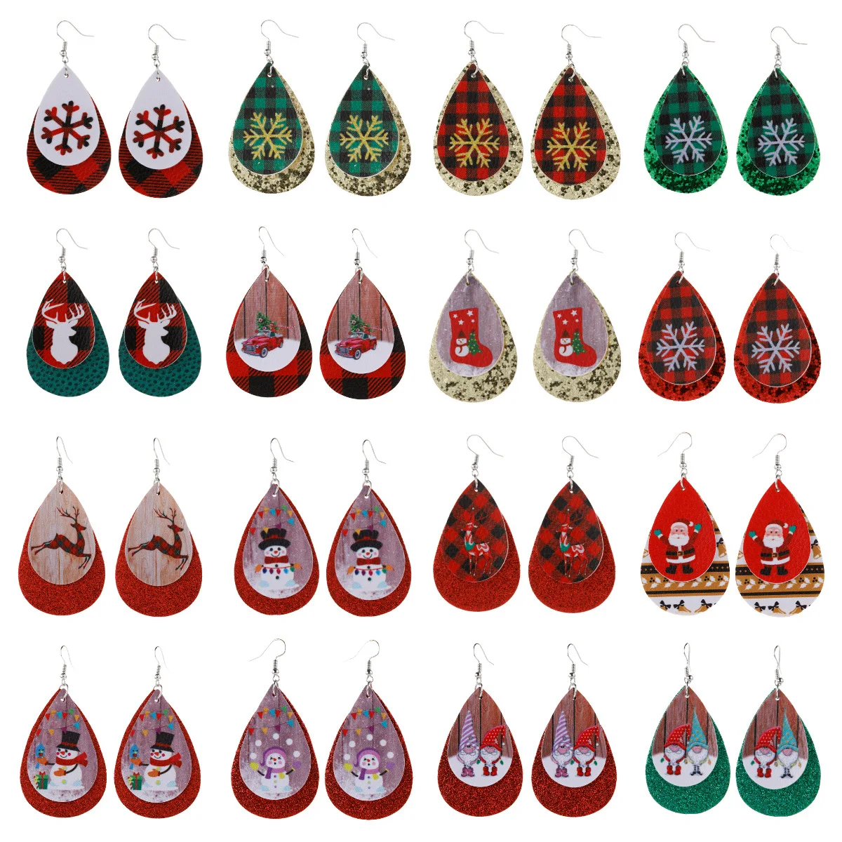 

2020 Wholesale Christmas Leather Earrings Cross-border Double Drop Red Green Christmas Tree Old Man Snowman Elk Earrings Female
