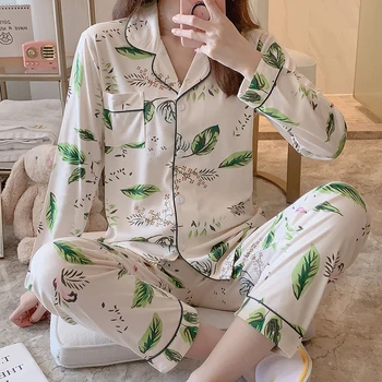 

Pajamas 2020 Autumn New Women's Silk Long Sleeve Pajamas Set Loose Print Pajama Women Sleepwear Set Elastic Long Pants