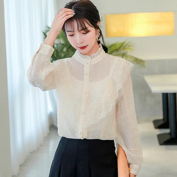 

COIGARSAM Vintage Ruffles blouse women New Spring Full Sleeve Chiffon Lace blusas womens tops and blouses Apricot 5127