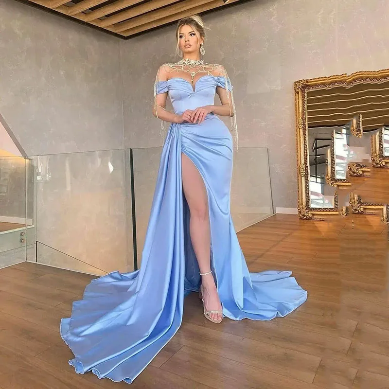 SoDigne-vestido de noche de sirena satén azul celeste, vestido de fiesta Formal elegante los hombros al descubierto _ - AliExpress