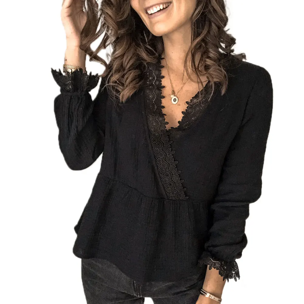 Damen Langarmshirt Basic | V-Ausschnitt Bluse Aus Polyester-Elasthan - Loose Fit