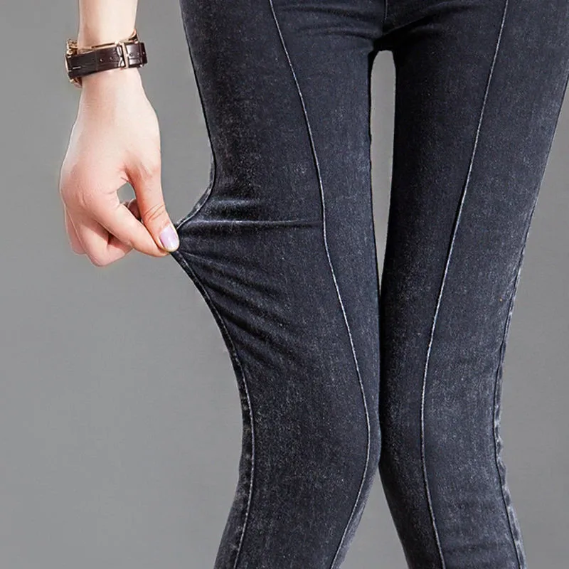 Осень и зима размера плюс с боковой полосой заклепки чистый черный полная длина узкие женские плюс бархат толстые стрейч ноги джинсы