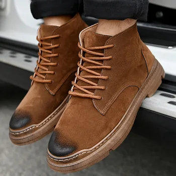 

High Top Sneaker Boots Men Tactical Brown Ankle Boots British Style Man Combat Shoes Mens Boots Leather Sneakers Tramping Boots