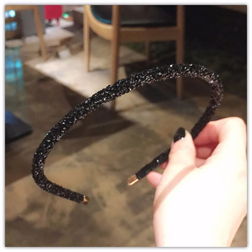 Black 1 шт., блестящая женская повязка на голову с кристаллами, разноцветная элегантная повязка на голову для девочек, головной убор для волос, индивидуальная ручная работа, простой Блестящий головной убор - Цвет: Black