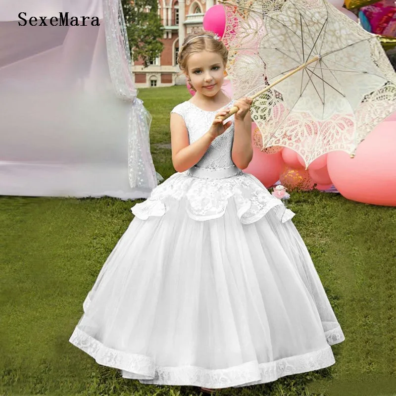 

Princess Dress Puffy Tulle White Lace Flower Girl Dress with Belt Zipper Back Birthday Dresse Kids Pageant Gowns Longo