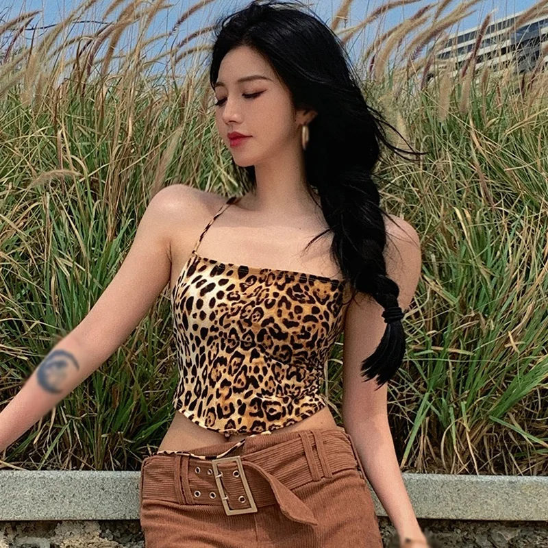 Tanie Sexy Leopard Halter Camis kobiety moda Slim Backless obcisły Crop sklep