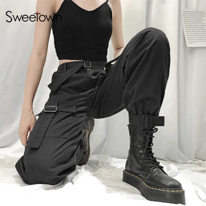 Sweetown/Хлопковые женские уличные брюки-карго с поясом; повседневные Модные Брюки с карманами и высокой талией; Pantalon Femme; штаны-шаровары в стиле хип-хоп - Цвет: black