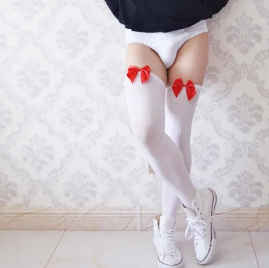 Shengrenmei Mens Sexy Tights Red Bow Stockings Solid Pantyhose Male Exotic Sex Lingerie Mens Gay Sissy Adult Fetish Man Stocking