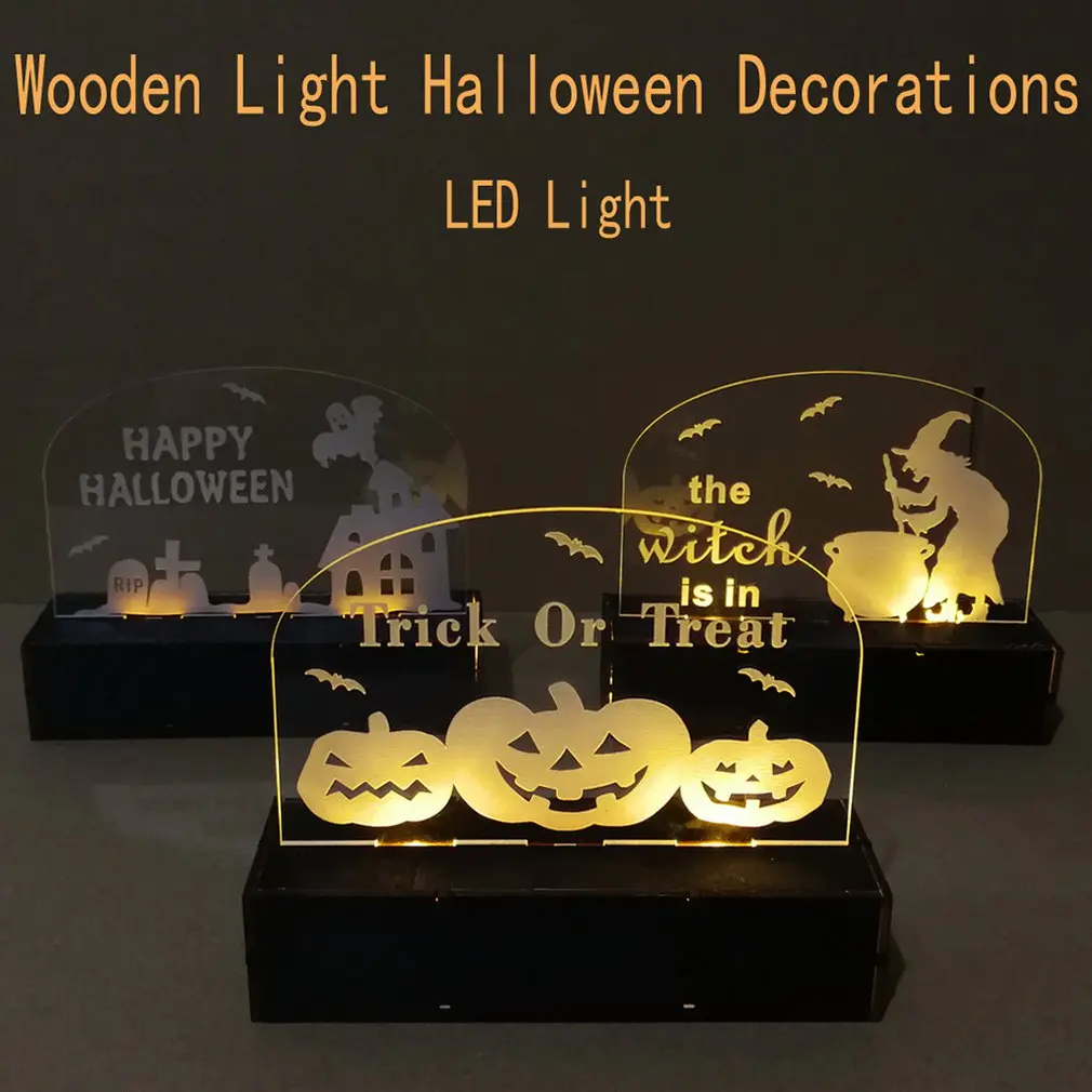 

Creative Christmas Decorations Wooden Halloween Acrylic Engraving Haunted House Elf Tombstone Led Light Decor