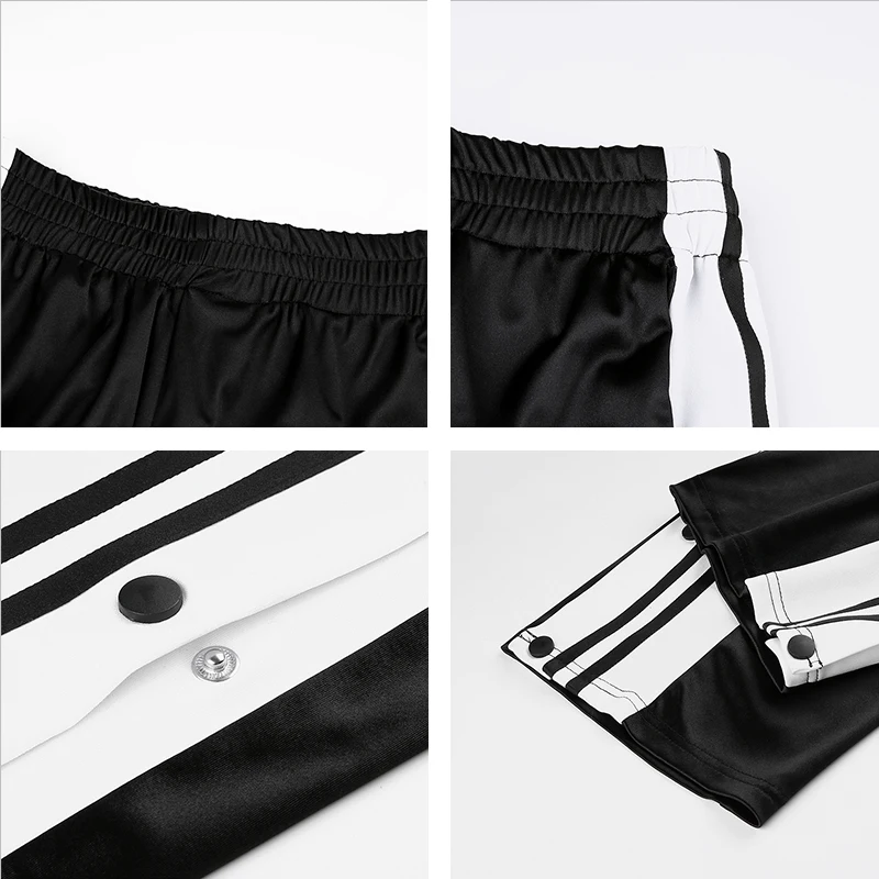 Rapwriter Streetwear Panelled Side Striped Button Straight Pant Women Stretch High Waist Trousers Long Pant Capris Pocket