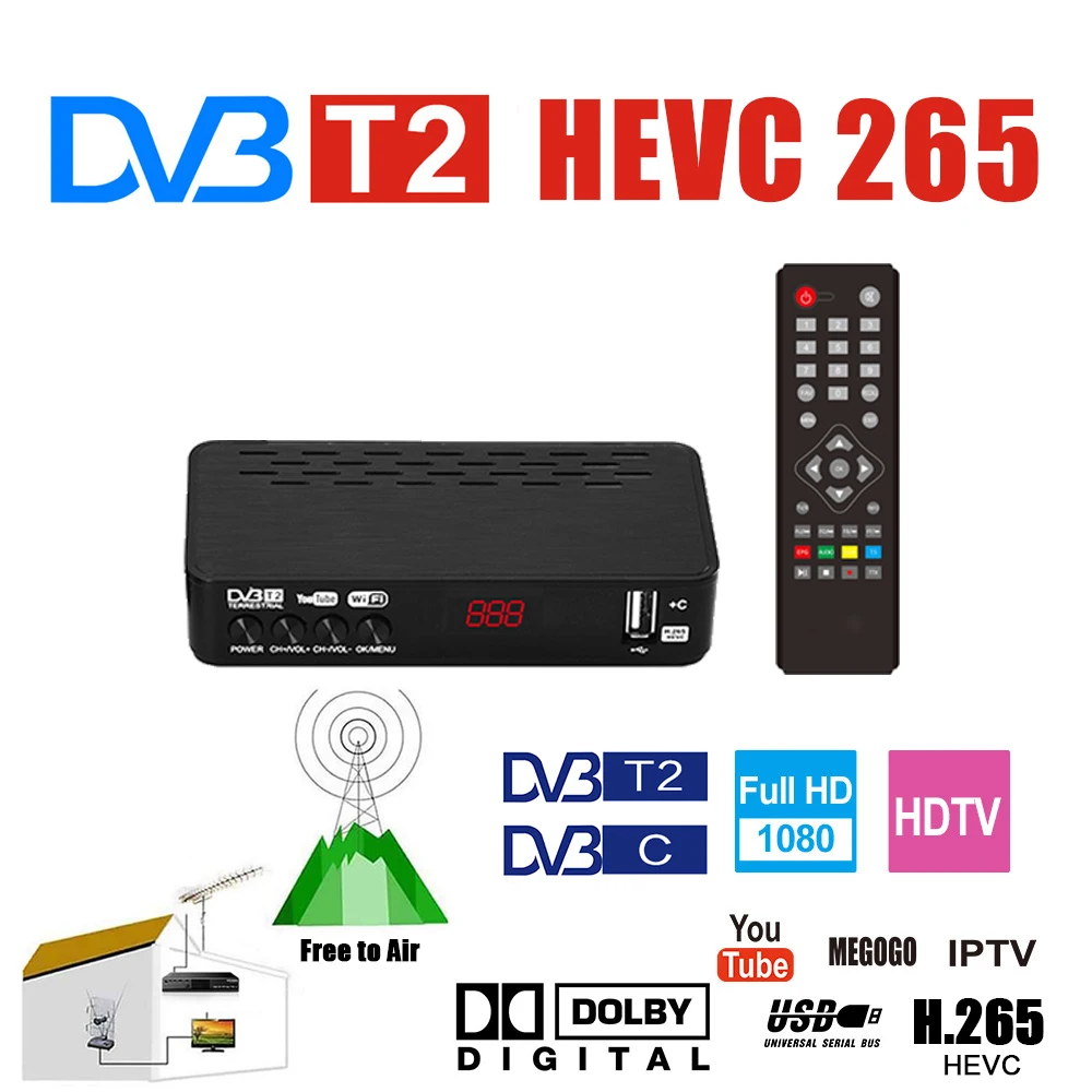 DVB-C/DVB-T2 HEVC 265 ТВ приемник FTA цифровой ТВ-приемный тюнер DVB T2 Full HD H.265 комплект DVB-T-top Box