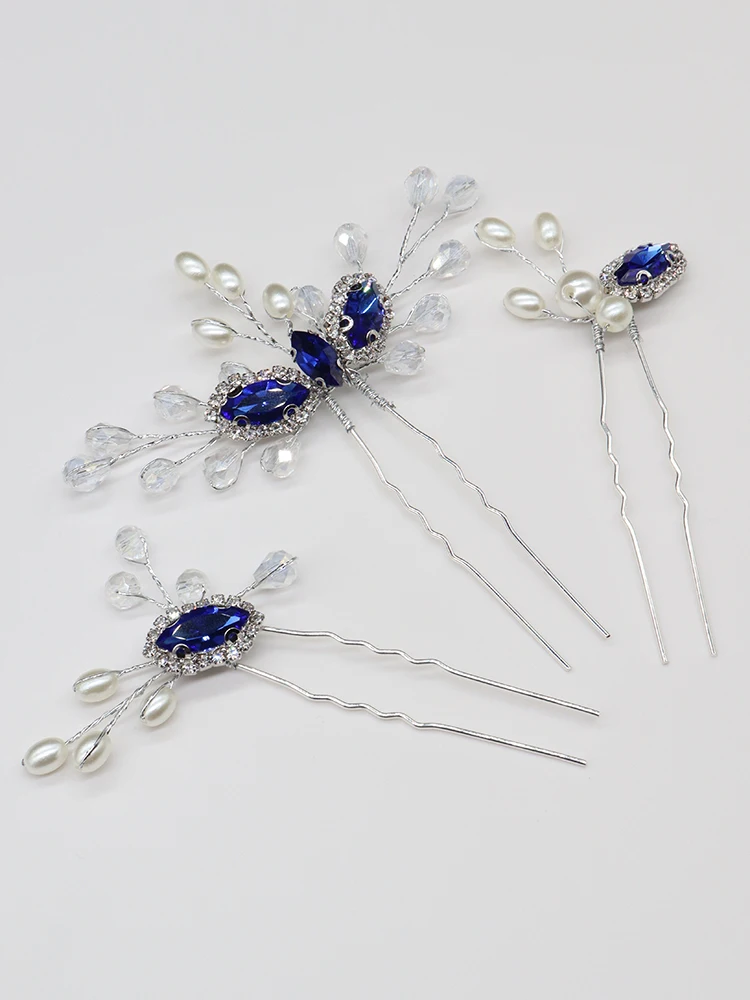 Romantic Blue Bridal Hair Pins Rhinestone Crystal Women Headpieces Prom Party Hair Jewelry Wedding Accessory 3PCS Clip