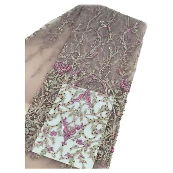

5 Yards 2020 Best Price Light Purple Handmade Crystal Beads Tulle Lace Fabric For Lady Dress With Sequins Embroideried Mesh Lace